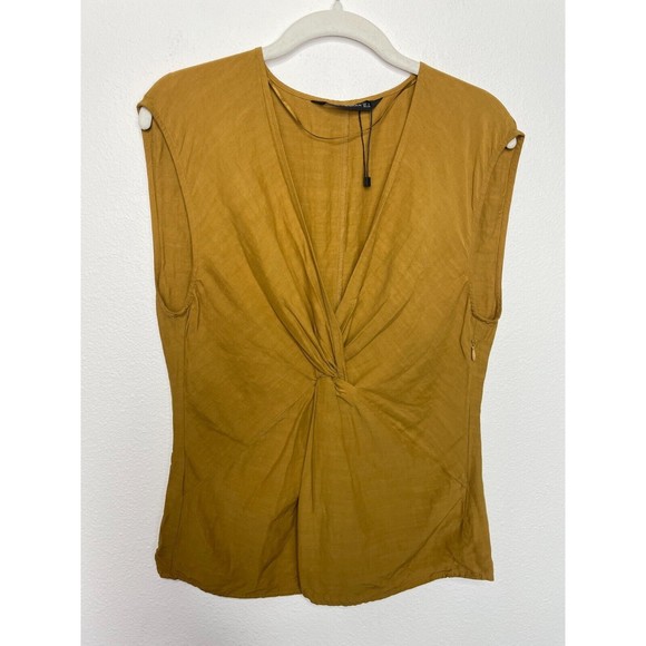 Zara Woman Sz 5 Knotted V-Neck Top Mustard Yellow Sleeveless Linen Cotton Blend - Picture 6 of 16